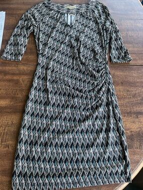 Miss Tina Knowles XS Ruched Sheath Dress Black Blue Brown Geometric 3/4 Sleeve